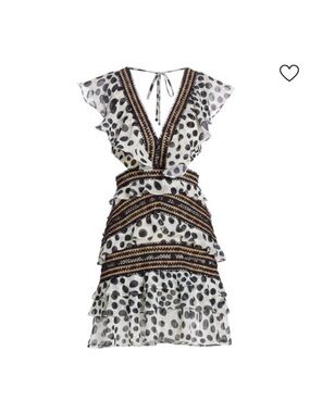 PatBO White Dress with Black Polka Dots and Tan Trim